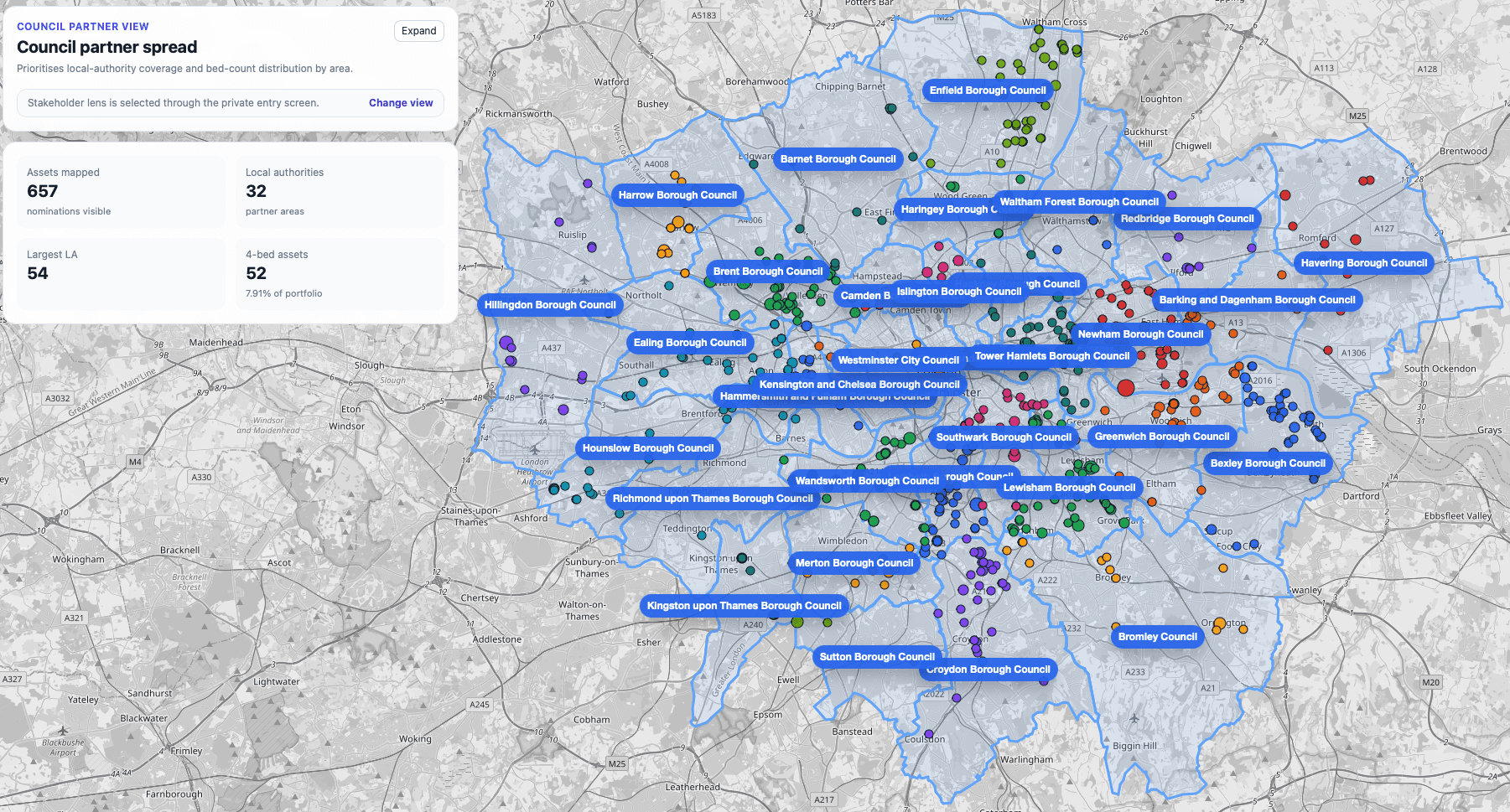 PM-Ops council partner map view showing housing programme assets across Greater London